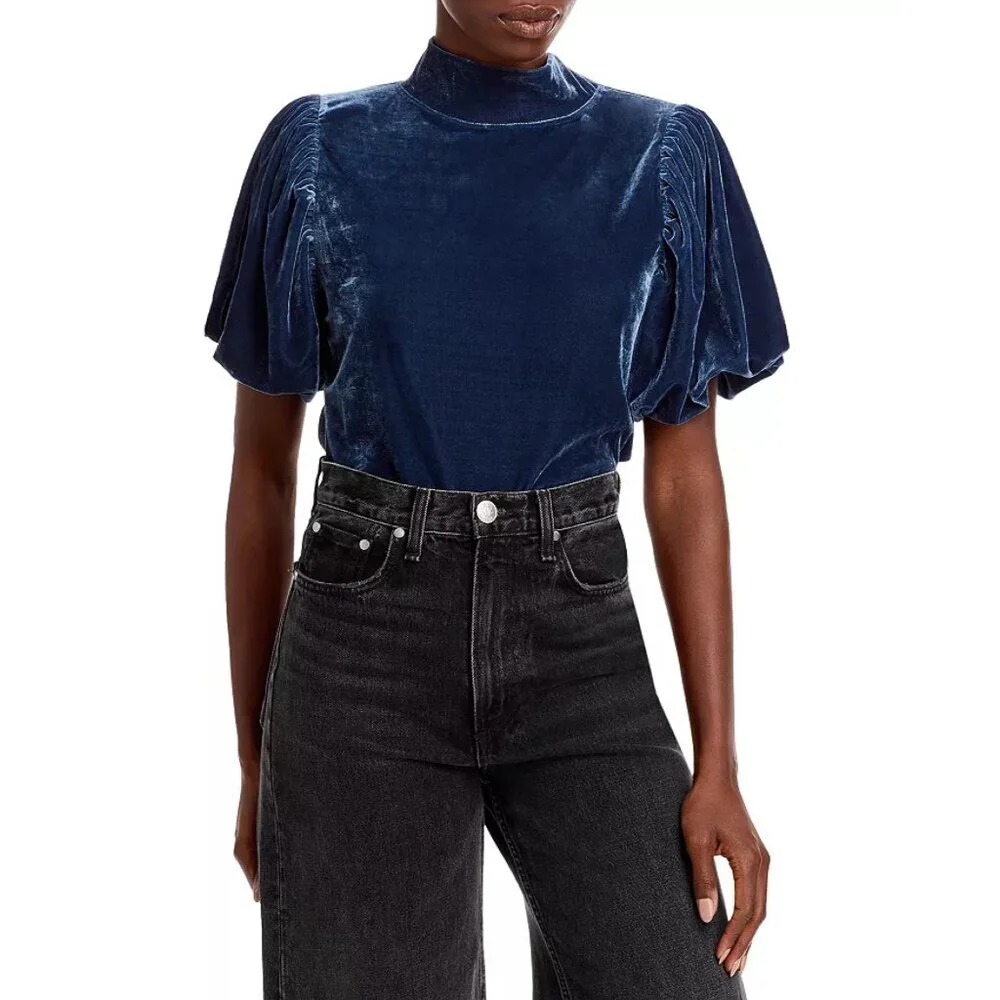 Free People Blue Claudia Short Puff Sleeve Mock Neck Velvet Top